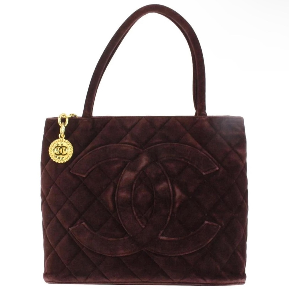 Vintage Chanel Dark Brown Quilted Velvet Medallion Zip Tote Bag GHW